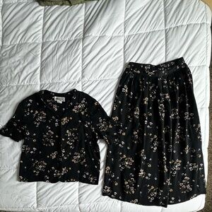 Vintage Floral Black Two-Piece Blouse and Skirt Set